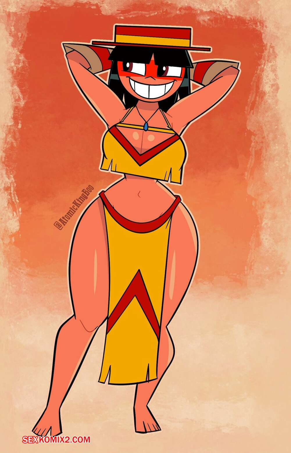 A drop of sweat trailing down her neck